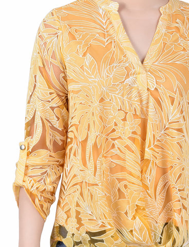 Long Sleeve Burnout Y Neck Blouse