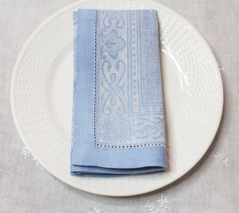 Astra Set of 6 Linen Napkins - Ivory and Light Blue