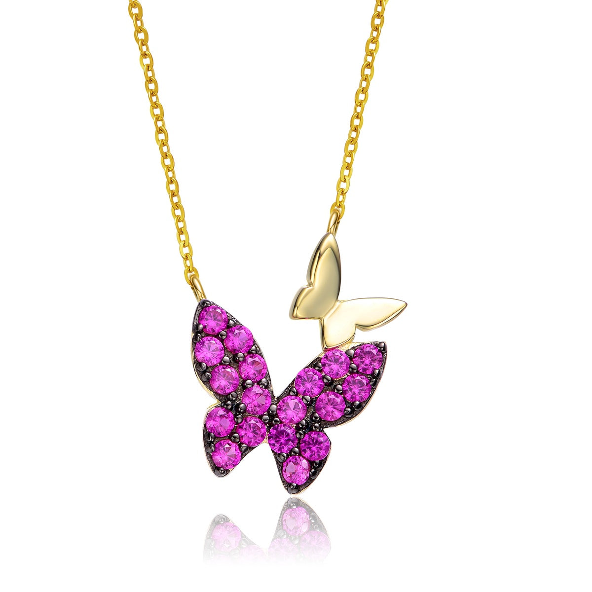  Genevive GV Sterling Silver 14k Yellow Gold Plated With Ruby Cubic Zirconia Double Butterfly Layering Necklace - Ruby - Bonton