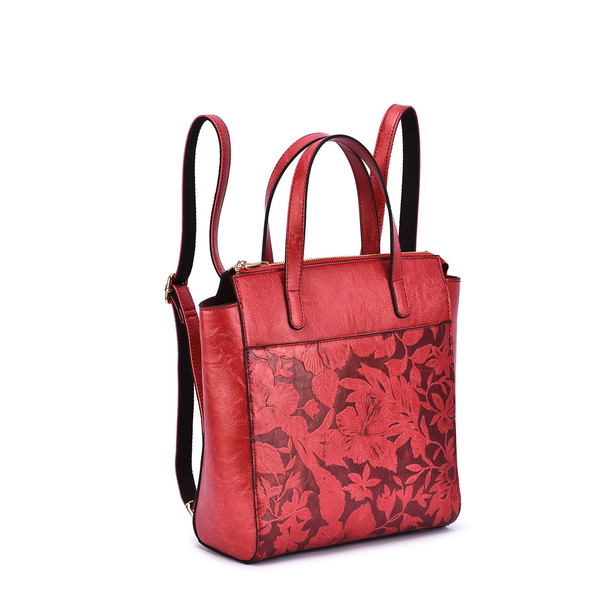  Mellow World Shia 3D Embossed Floral Convertible Shoulder Bag/Backpack - Maroon - Bonton