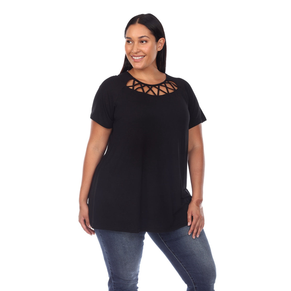  White Mark Plus Size Crisscross Cutout Short Sleeve Top - 1X - Bonton