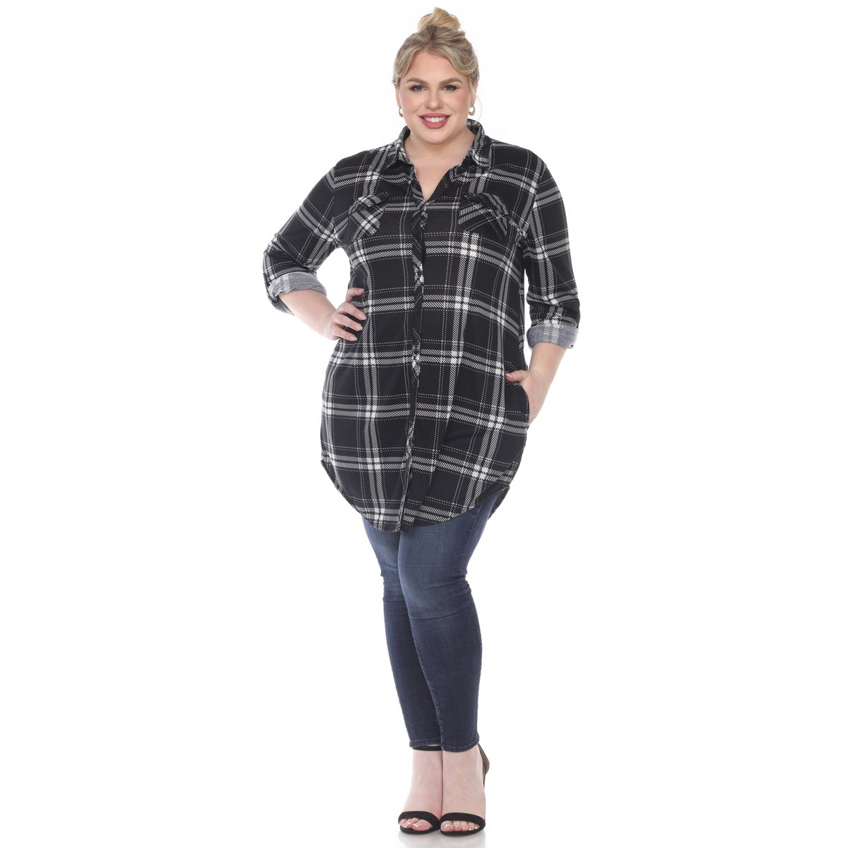  White Mark Plus Size Plaid Tunic Top - 1X - Bonton