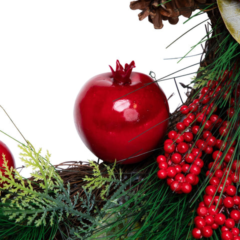24" Autumn Harvest Pine  Berry and Pomegranate Wreath - Unlit