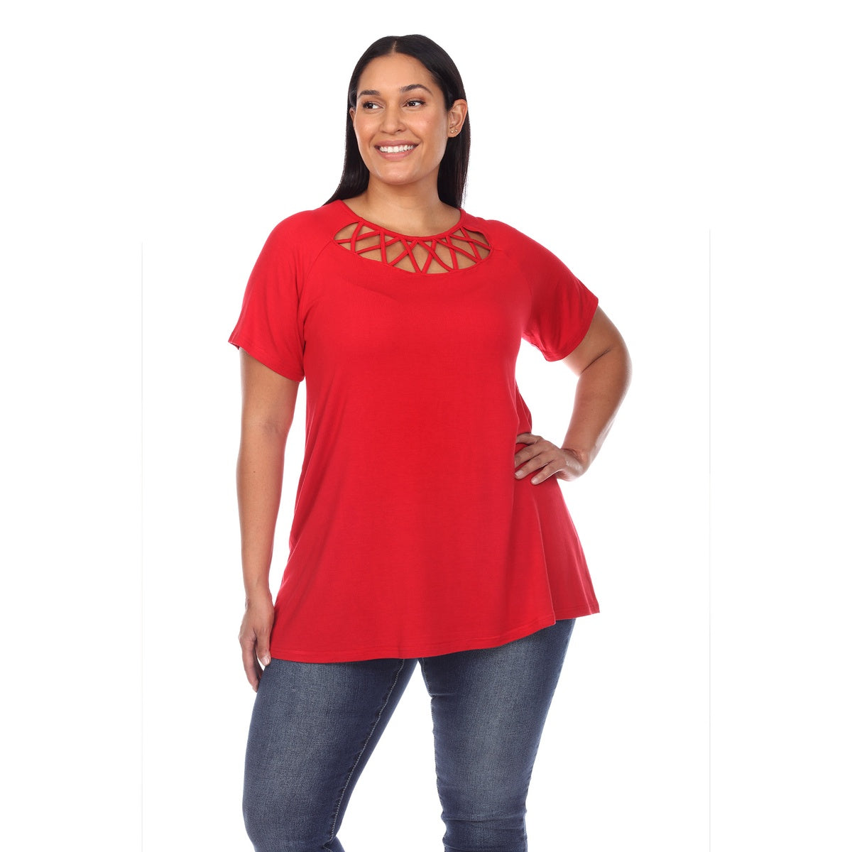  White Mark Plus Size Crisscross Cutout Short Sleeve Top - 1X - Bonton