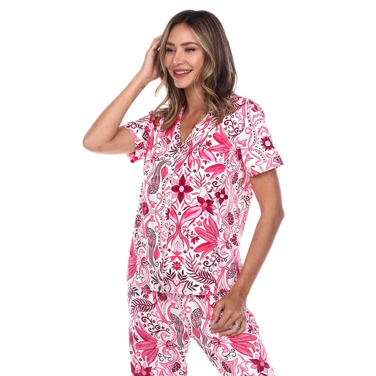  White Mark Women's Short Sleeve & Pants Tropical Pajama Set - L - Bonton