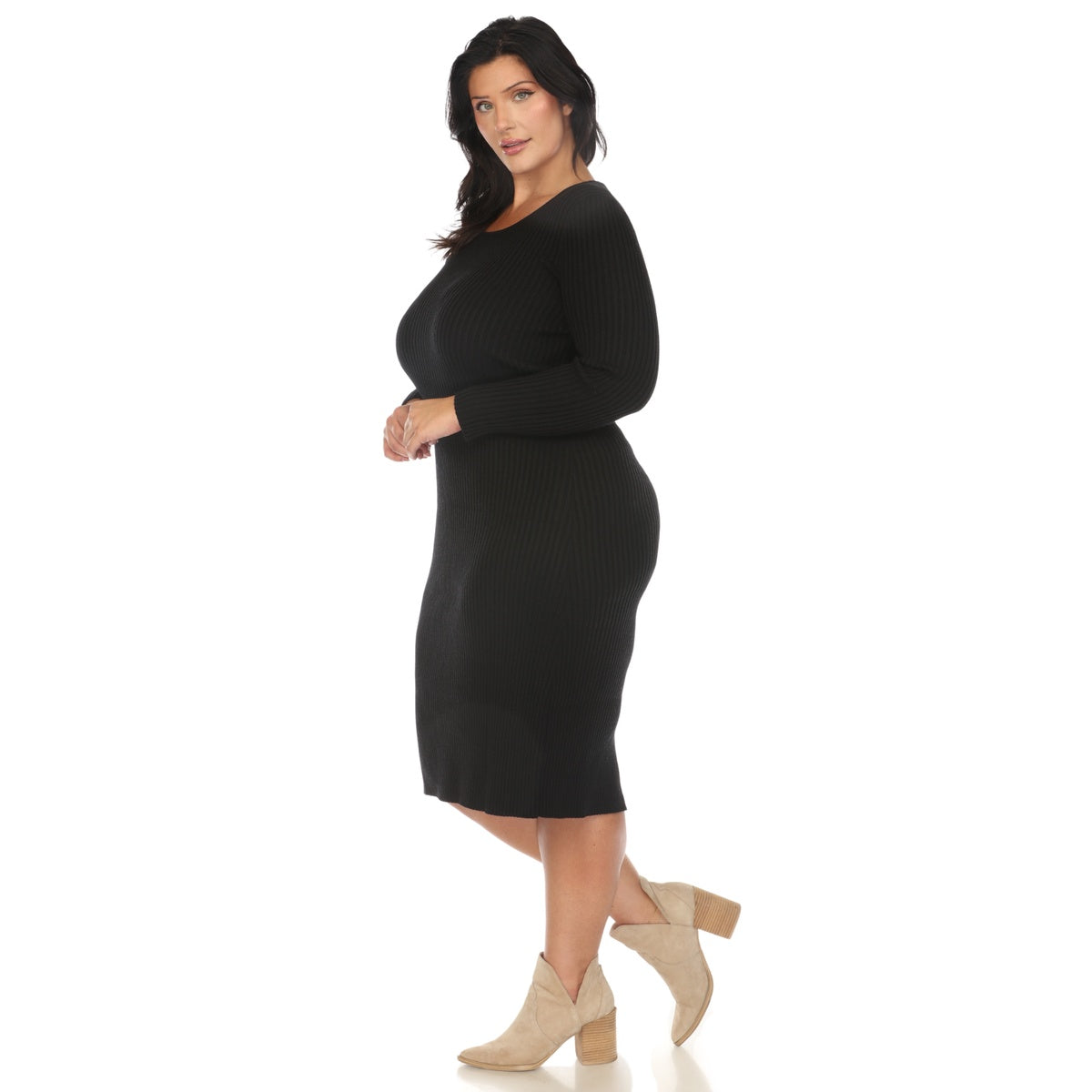  White Mark Plus Size Long Sleeve Rib Midi Sweater Dress - 1X - Bonton