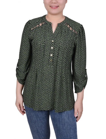 Petite Long Sleeve Pintuck Front Top With Chain Details