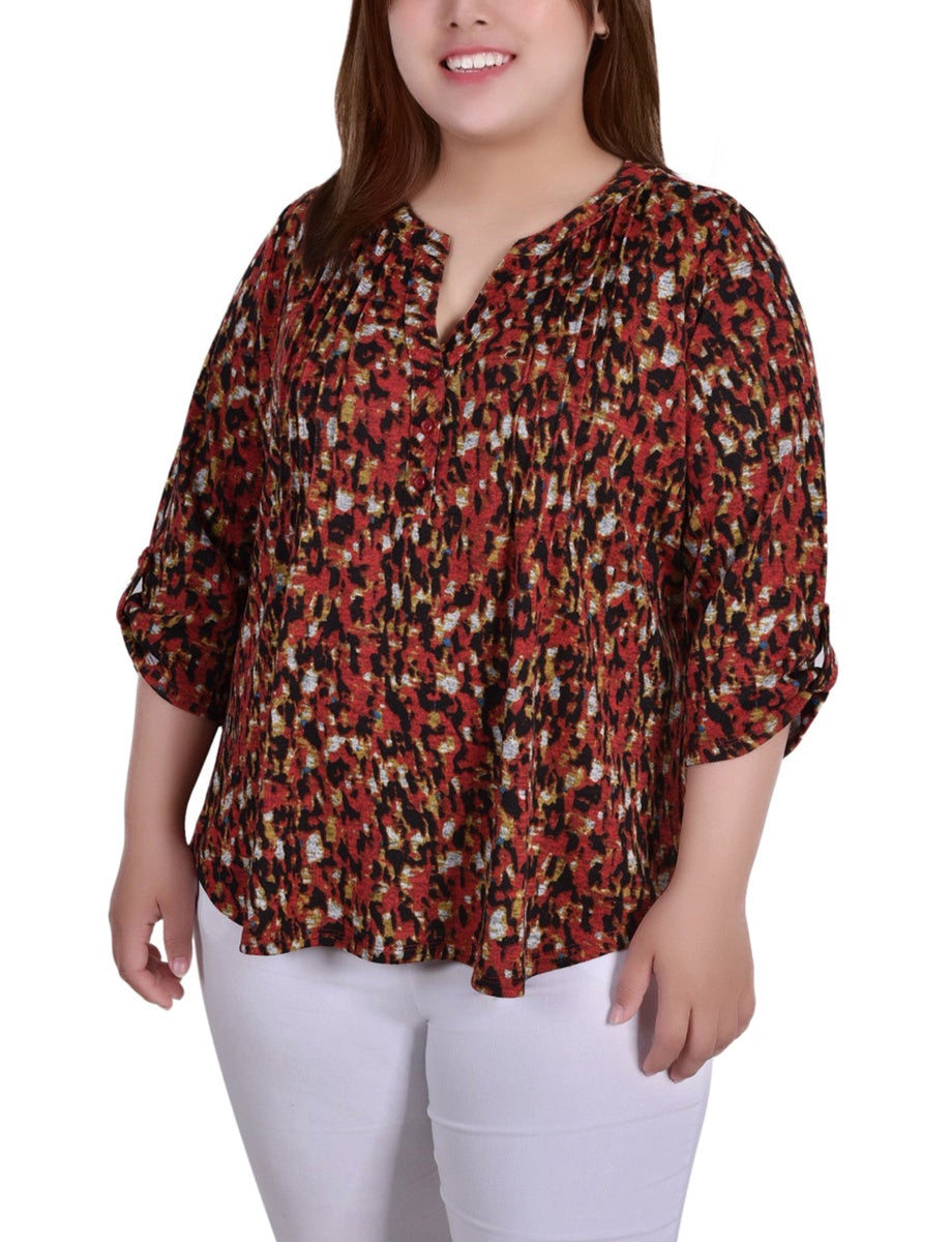  NY Collection Plus Size 3/4 Roll Sleeve Top - Black Grey Animal - Bonton