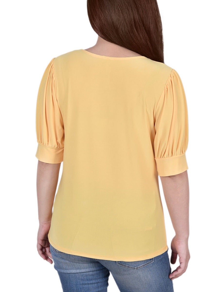  NY Collection Short Sleeve Balloon Sleeve Top With Hardware - Samoan Sun - Bonton