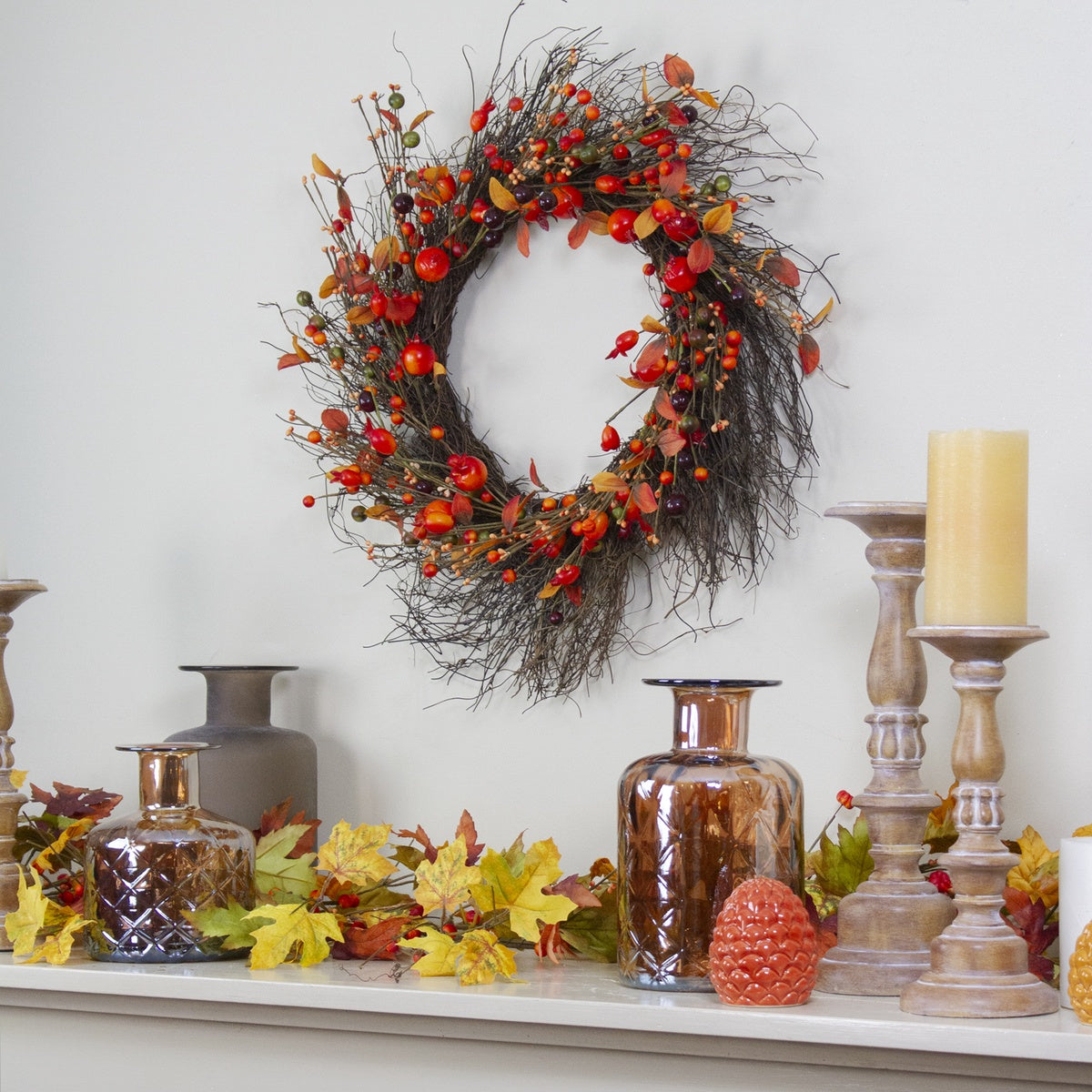 Northlight Leaves and Berries Artificial Fall Harvest Twig Wreath - 24 Inch  Unlit - Default Title - Bonton