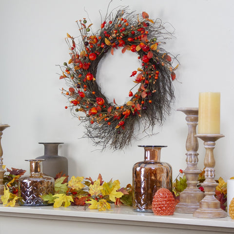 Leaves and Berries Artificial Fall Harvest Twig Wreath - 24 Inch  Unlit
