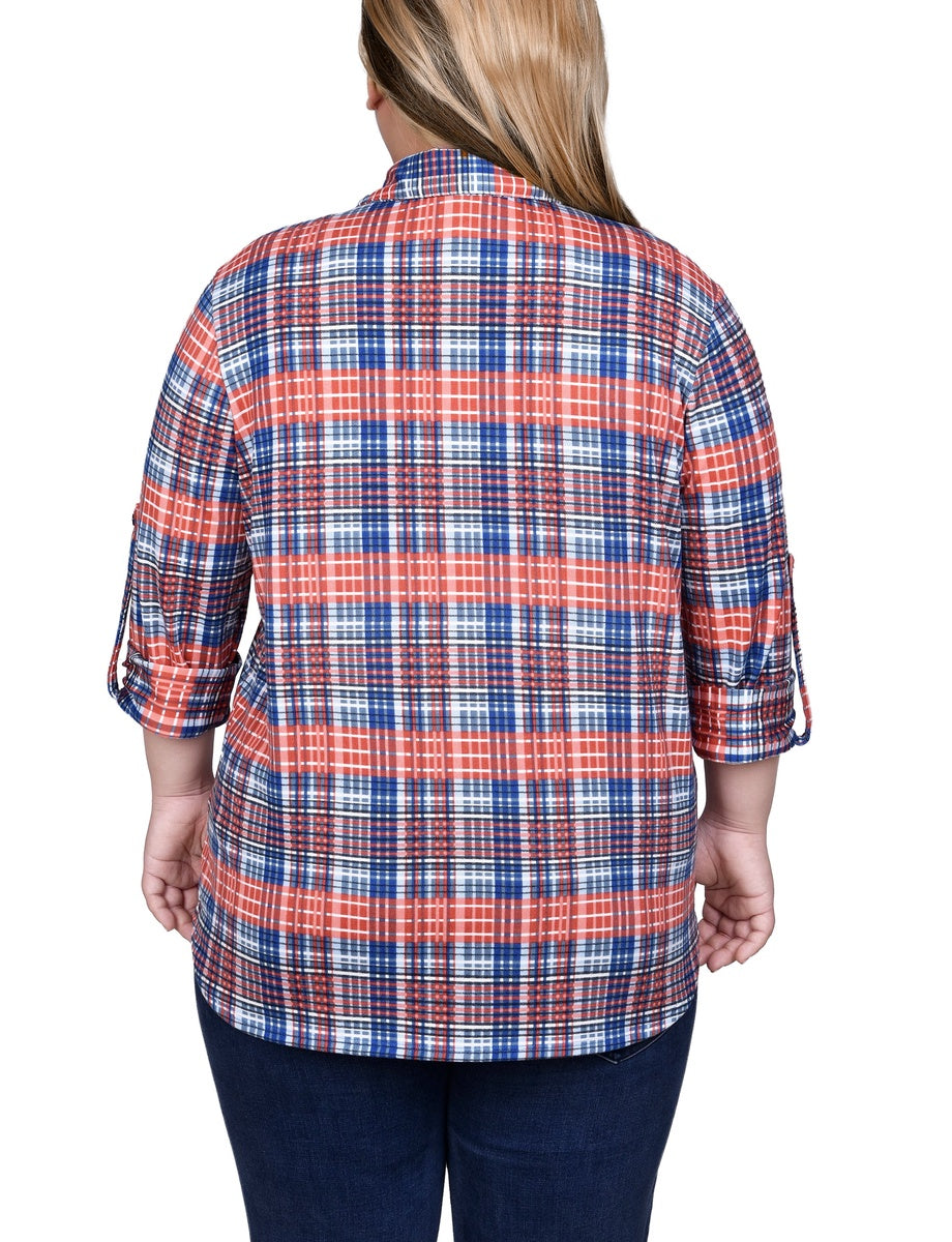  NY Collection Plus Size Long Sleeve Button Front Tunic Top - Rust Denim Plaid - Bonton