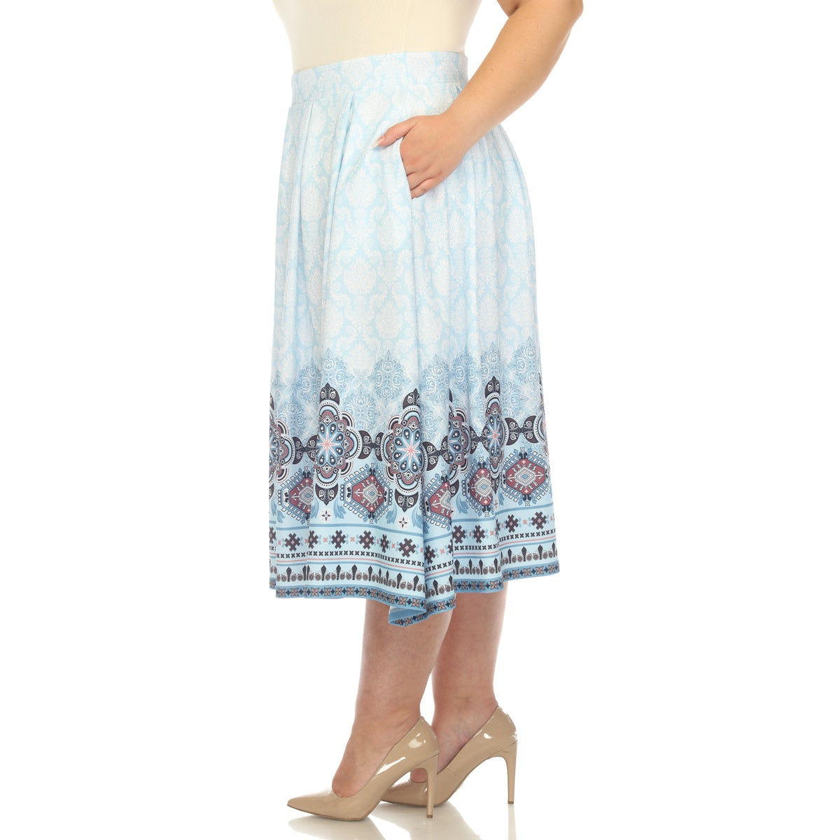  White Mark Plus Size Pleated Skirt With Border Prints - 1X - Bonton