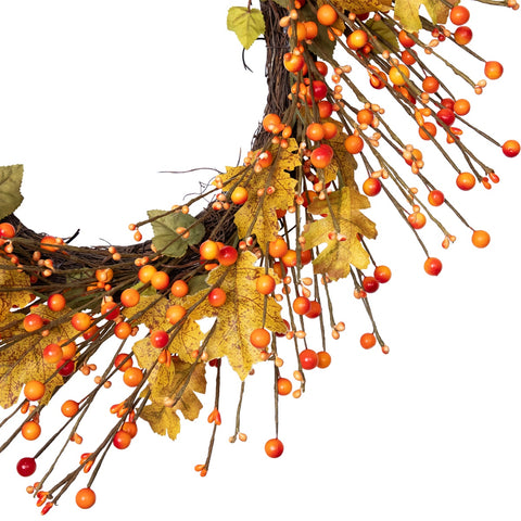 Orange Berries and Yellow Leaves Fall Harvest Artificial Wreath  22"