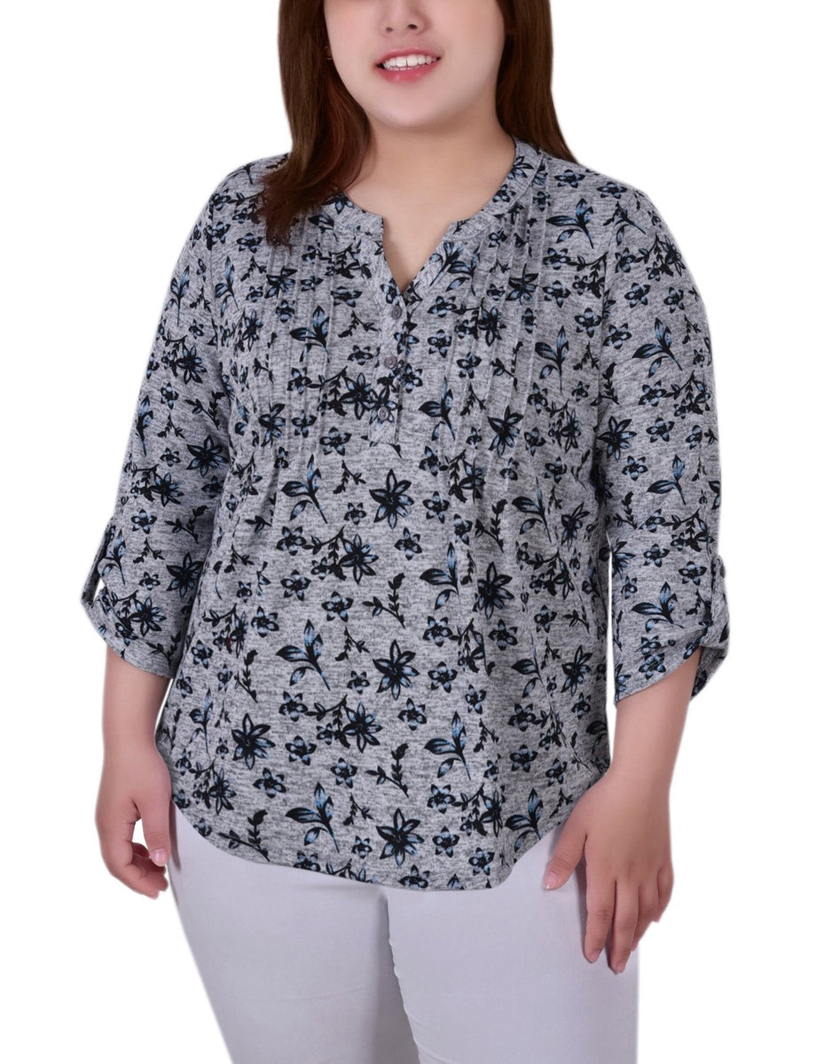  NY Collection Plus Size 3/4 Roll Sleeve Top - Black Grey Animal - Bonton