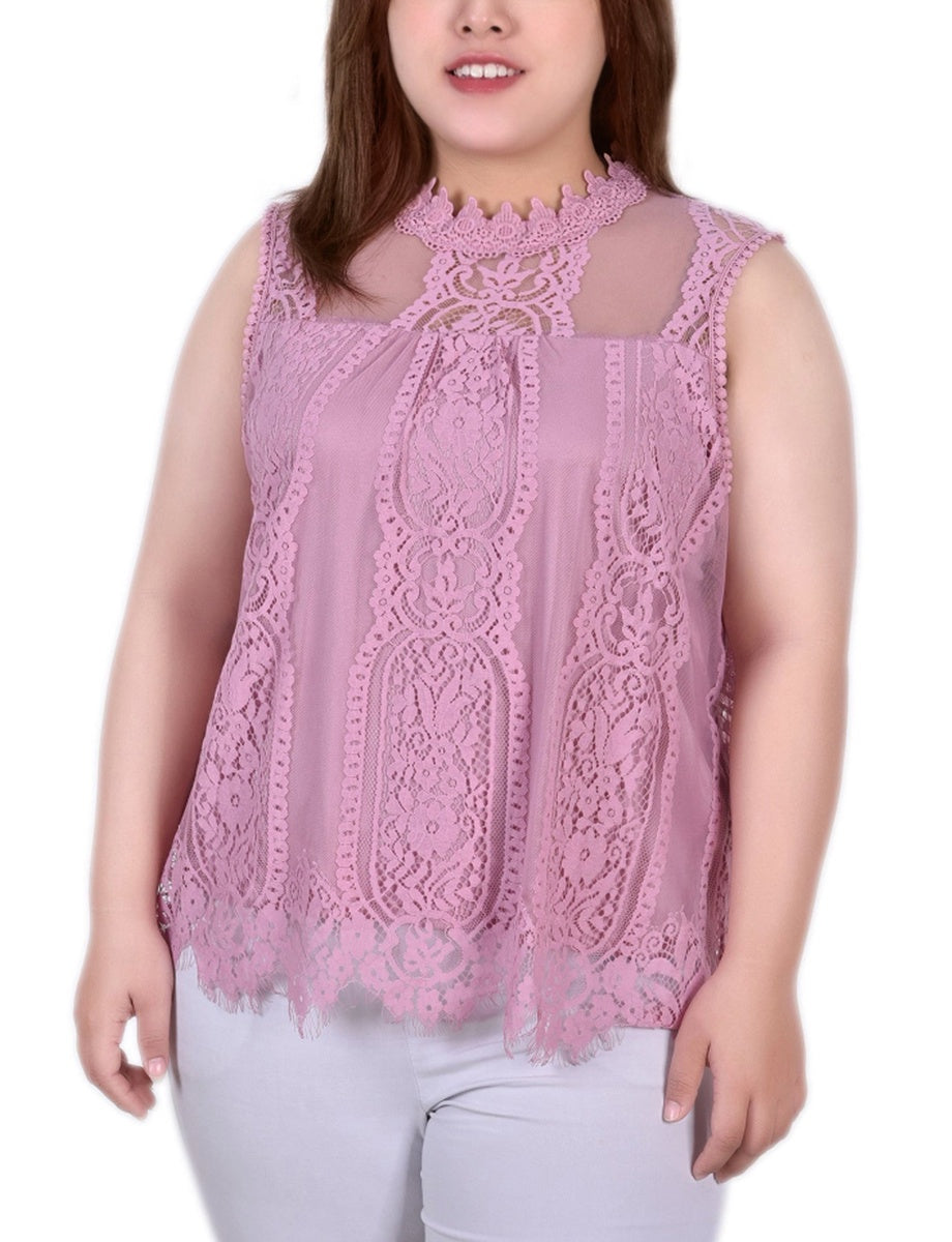  NY Collection Plus Size Sleeveless Mock Neck Lace Top - Black Nude - Bonton