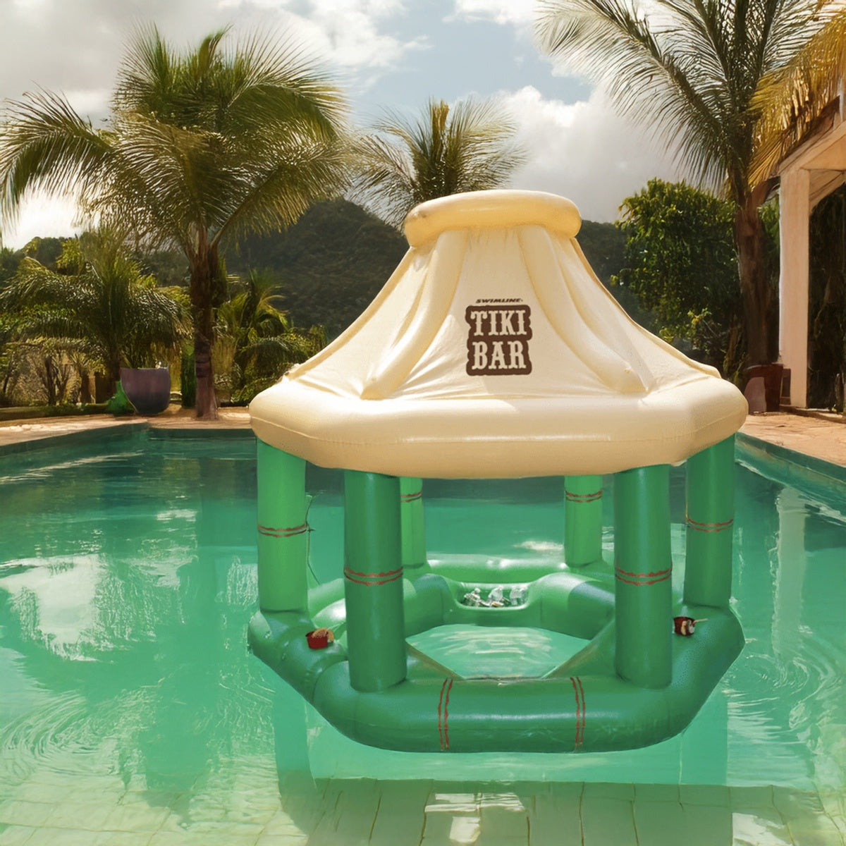  Swim Central 7.5' Cream and Green Tropical Inflatable Swimming Pool Floating Tiki Bar - Default Title - Bonton