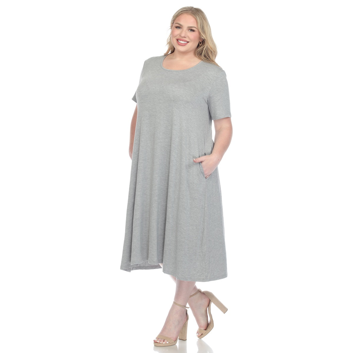  White Mark Plus Size Short Sleeve Pocket Swing Midi Dress - 3X - Bonton