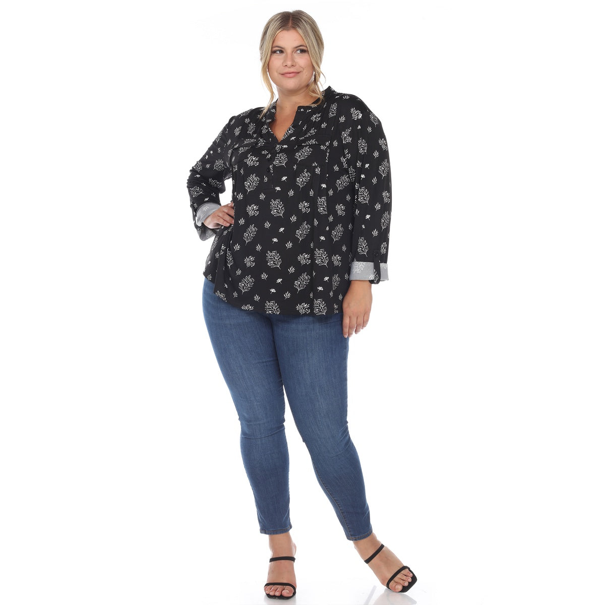  White Mark Plus Size Pleated Long Sleeve Leaf Print Blouse - 1X - Bonton