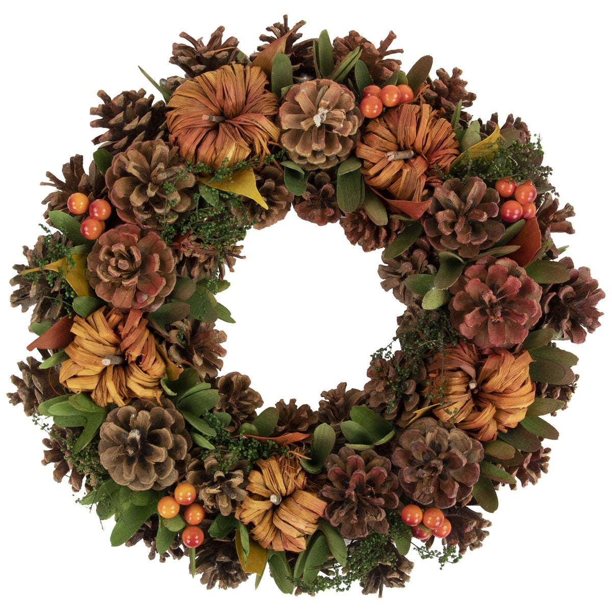  Northlight Orange and Green Fall Wreath With Pumpkins and Pinecones - 13.75 Inch  Unlit - Default Title - Bonton