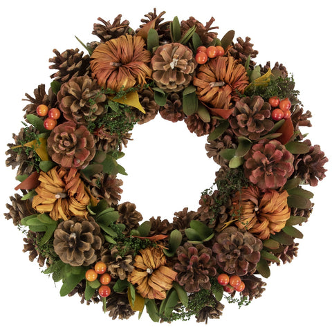 Orange and Green Fall Wreath With Pumpkins and Pinecones - 13.75 Inch  Unlit
