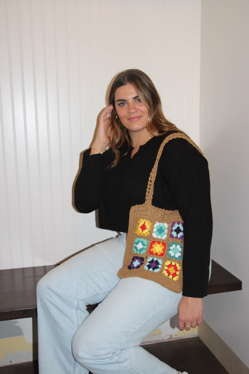  Lemonbella Crochet Khaki Floral Tote - Default Title - Bonton