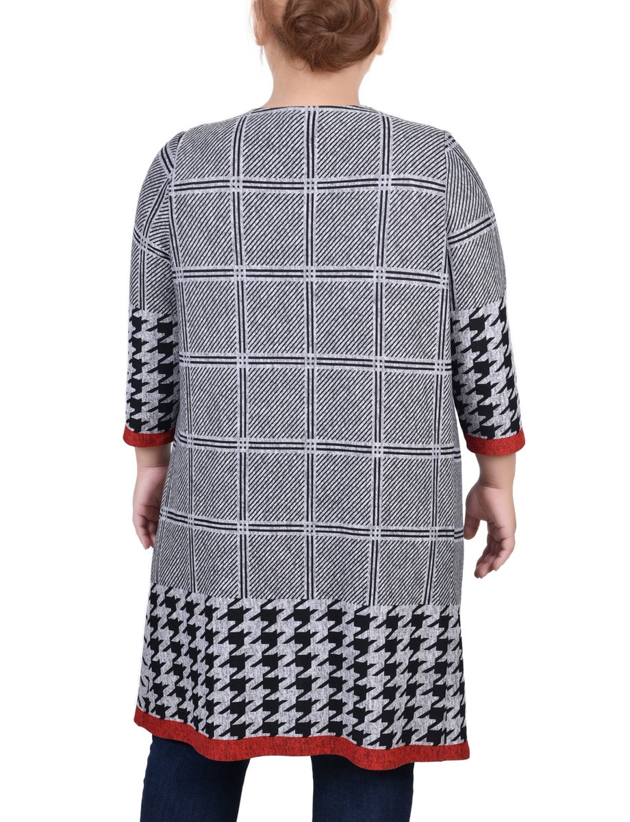  NY Collection Plus Size 3/4 Sleeve Knit Cardigan - Black White Plaid - Bonton