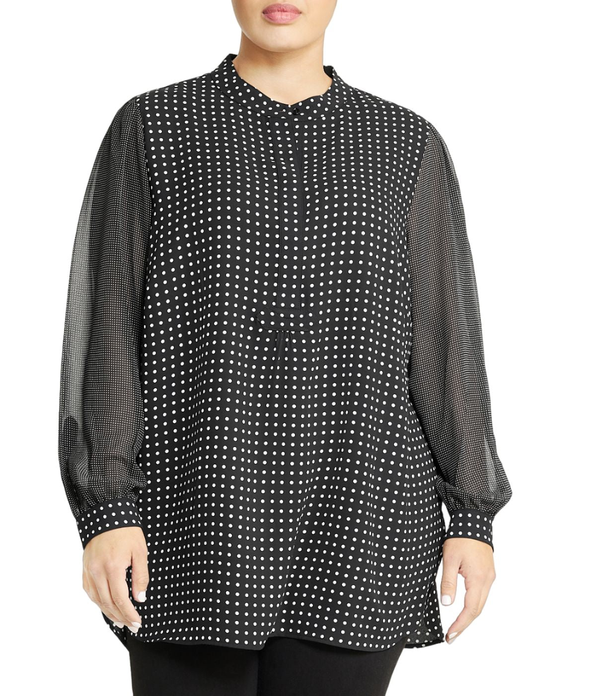  Anne Klein Plus Size Long Sleeve Poet Blouse with Mini Dot Design - Anne Black/ Anne White - Bonton