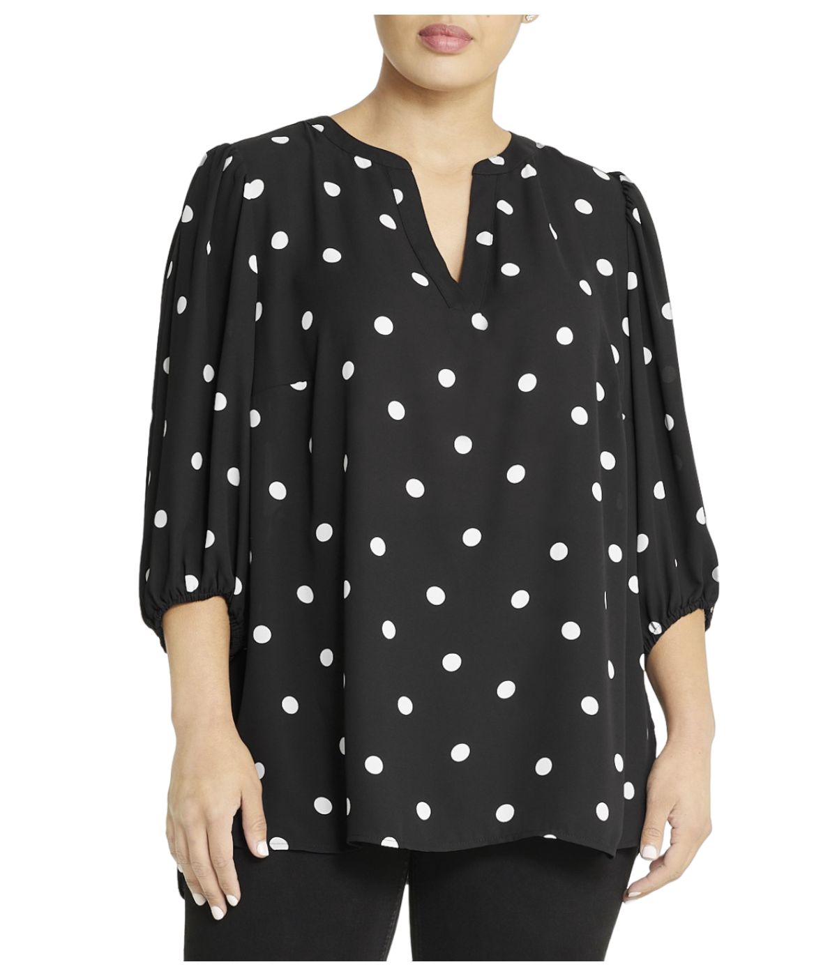  Anne Klein Plus Size Gingham Puff Sleeve Blouse - Anne Black/White - Bonton