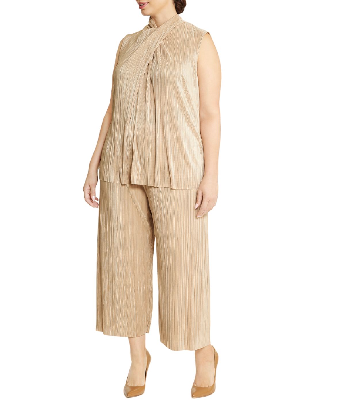  Anne Klein Plus Size Pleated Knit Pull-On Wide Leg Crop Pants - Latte Coffee - Bonton