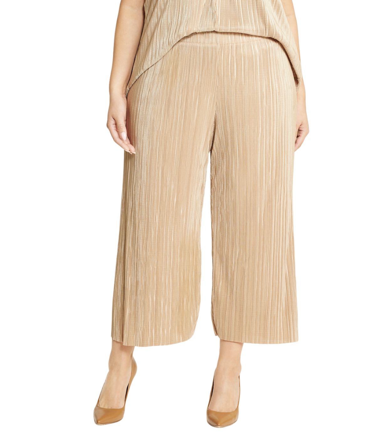  Anne Klein Plus Size Pleated Knit Pull-On Wide Leg Crop Pants - Latte Coffee - Bonton