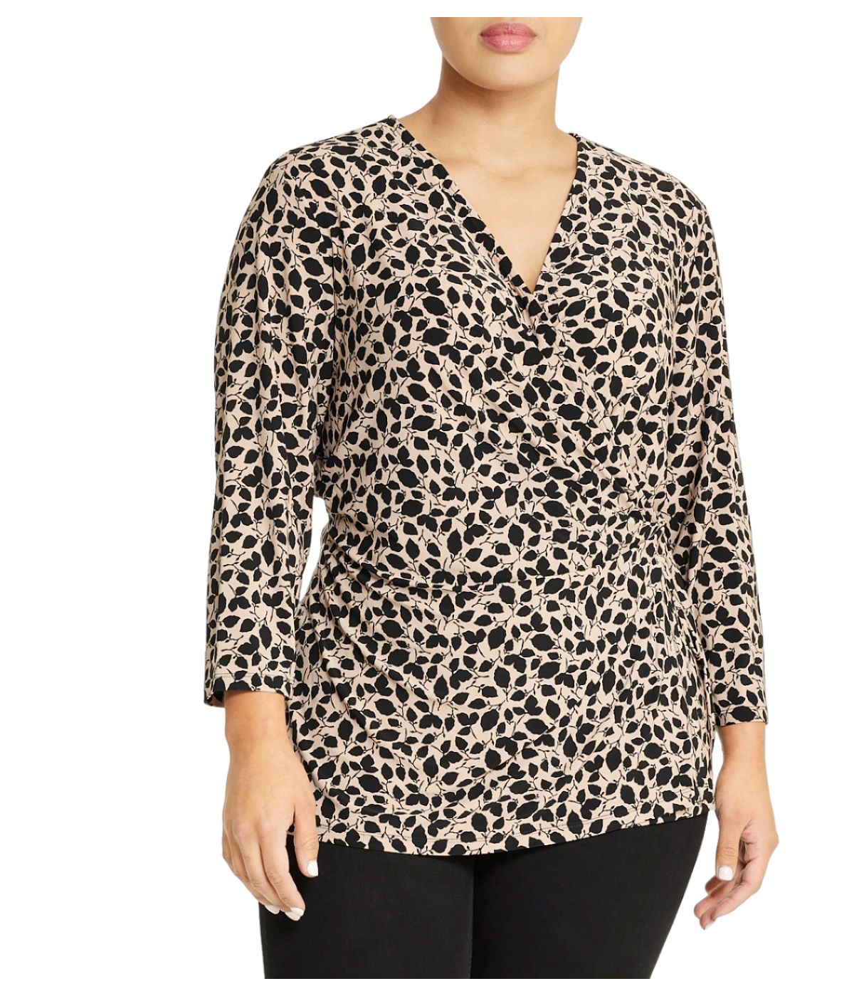  Anne Klein Plus Size Printed Wrap Top with 3/4 Sleeves - Anne Black/Latte - Bonton