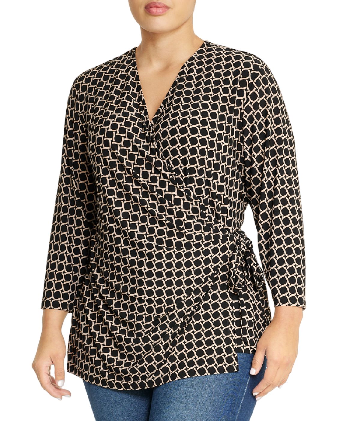  Anne Klein Plus Size Wrap Top with Geo Print Design - Anne Black/Latte - Bonton