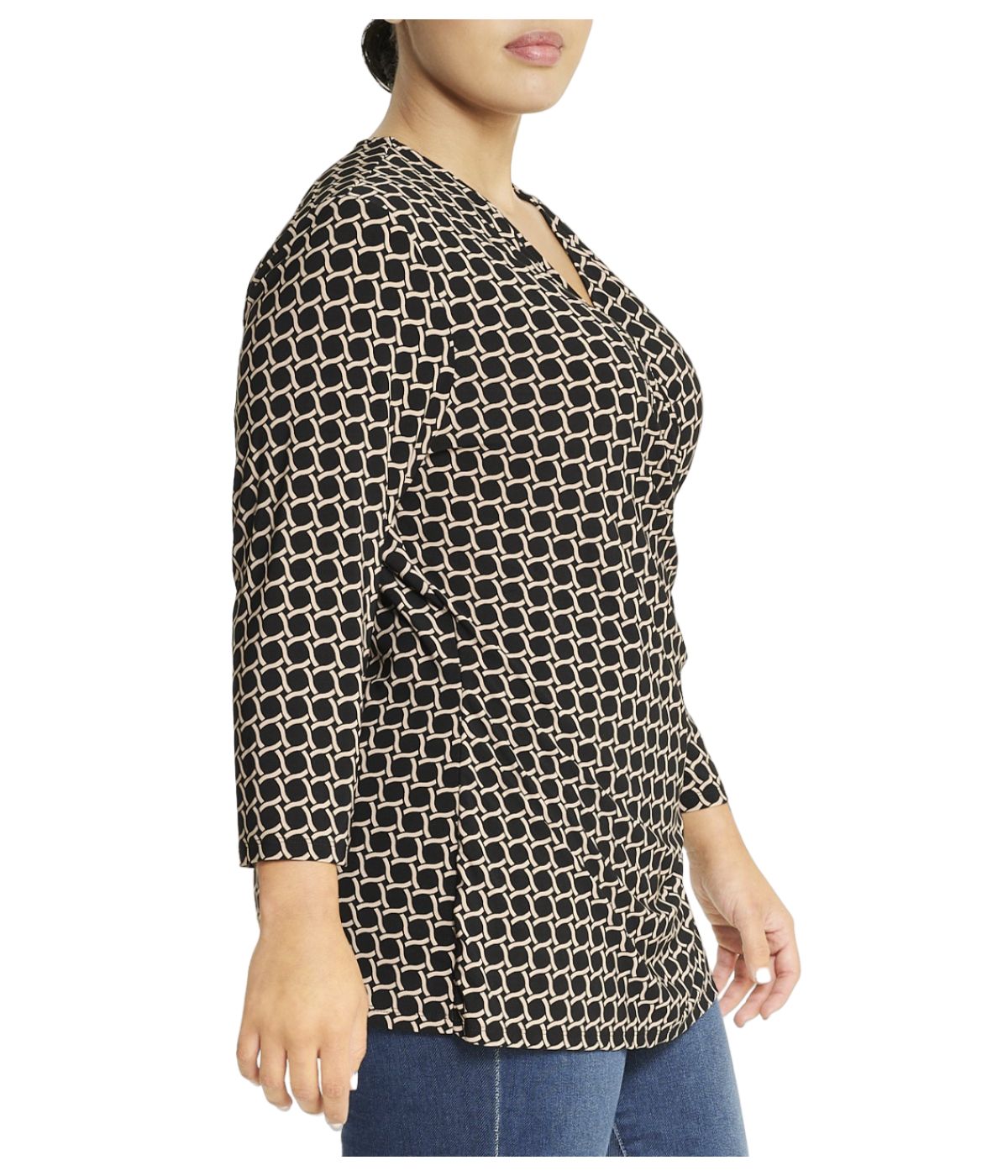  Anne Klein Plus Size Wrap Top with Geo Print Design - Anne Black/Latte - Bonton