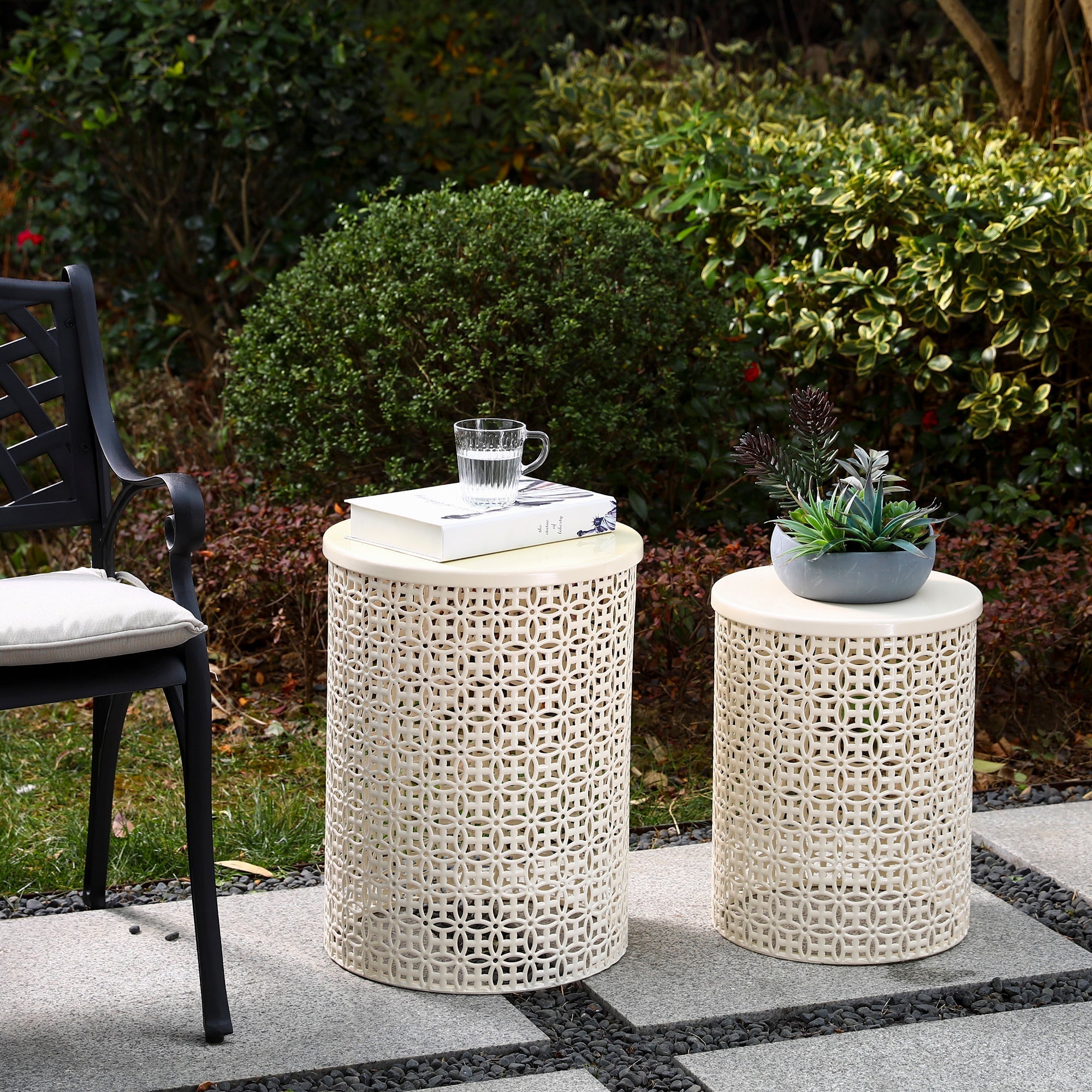  Glitzhome Set of 2 Multi-functional Metal Garden Stools - White - Bonton