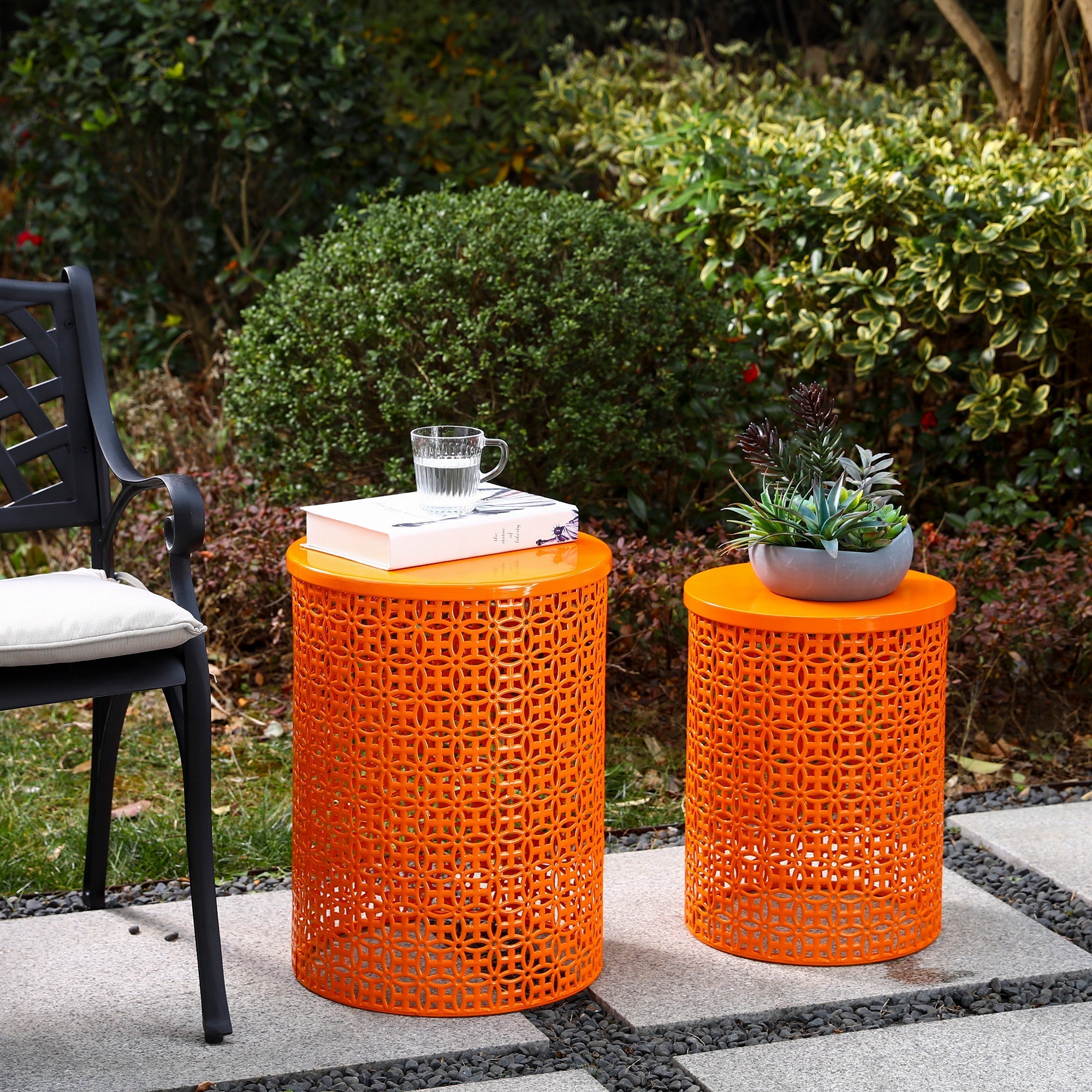  Glitzhome Set of 2 Multi-functional Metal Garden Stools - Orange - Bonton