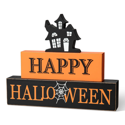 9.5"L Happy Halloween Wooden Haunted House Block Sign