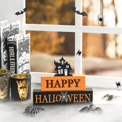 9.5"L Happy Halloween Wooden Haunted House Block Sign