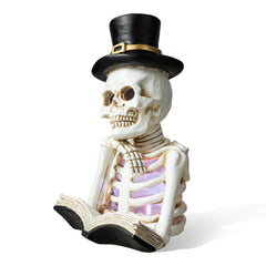 10.25"H Halloween Lighted Resin Skull Reading Book Table Decor