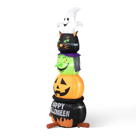 8ft Lighted Halloween Inflatable Stacked Ghost, Black Cat, Witch & Pumpkin Decor