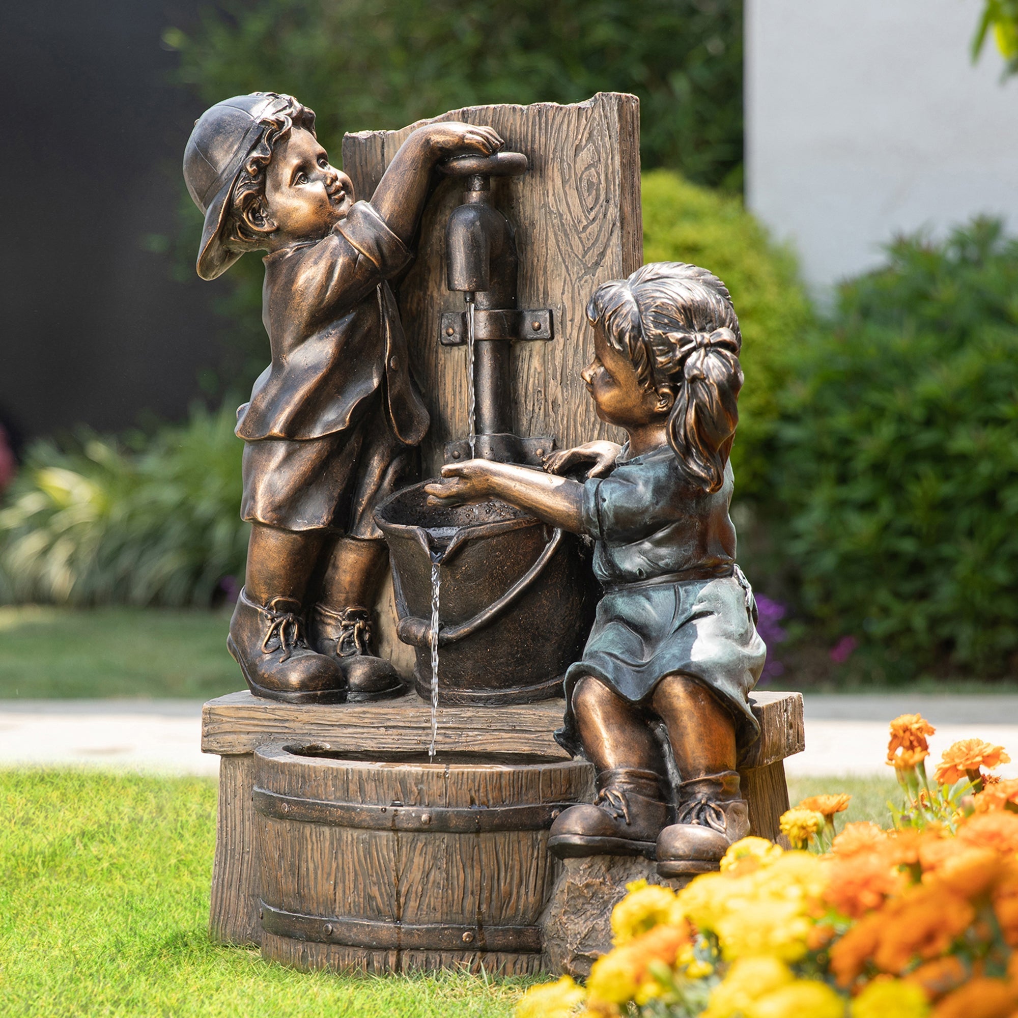  Glitzhome Boy and Girl Outdoor Fountain with LED Lights - Gray - Bonton