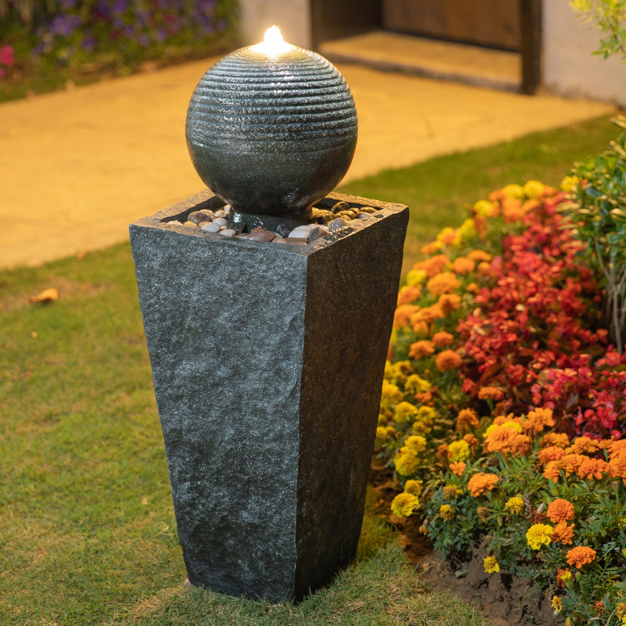  Glitzhome Rippling Floating Sphere Pedestal Outdoor Fountain with LED Light - Gray - Bonton