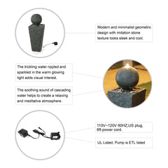 Rippling Floating Sphere Pedestal Outdoor Fountain with LED Light