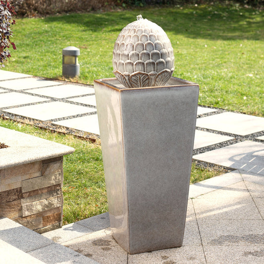 Oversized Artichoke Pedestal Ceramic Fountain with Light