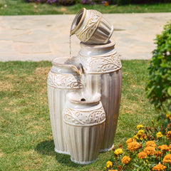 4 Tier Embossed Ceramic Pots Fountain with LED Light