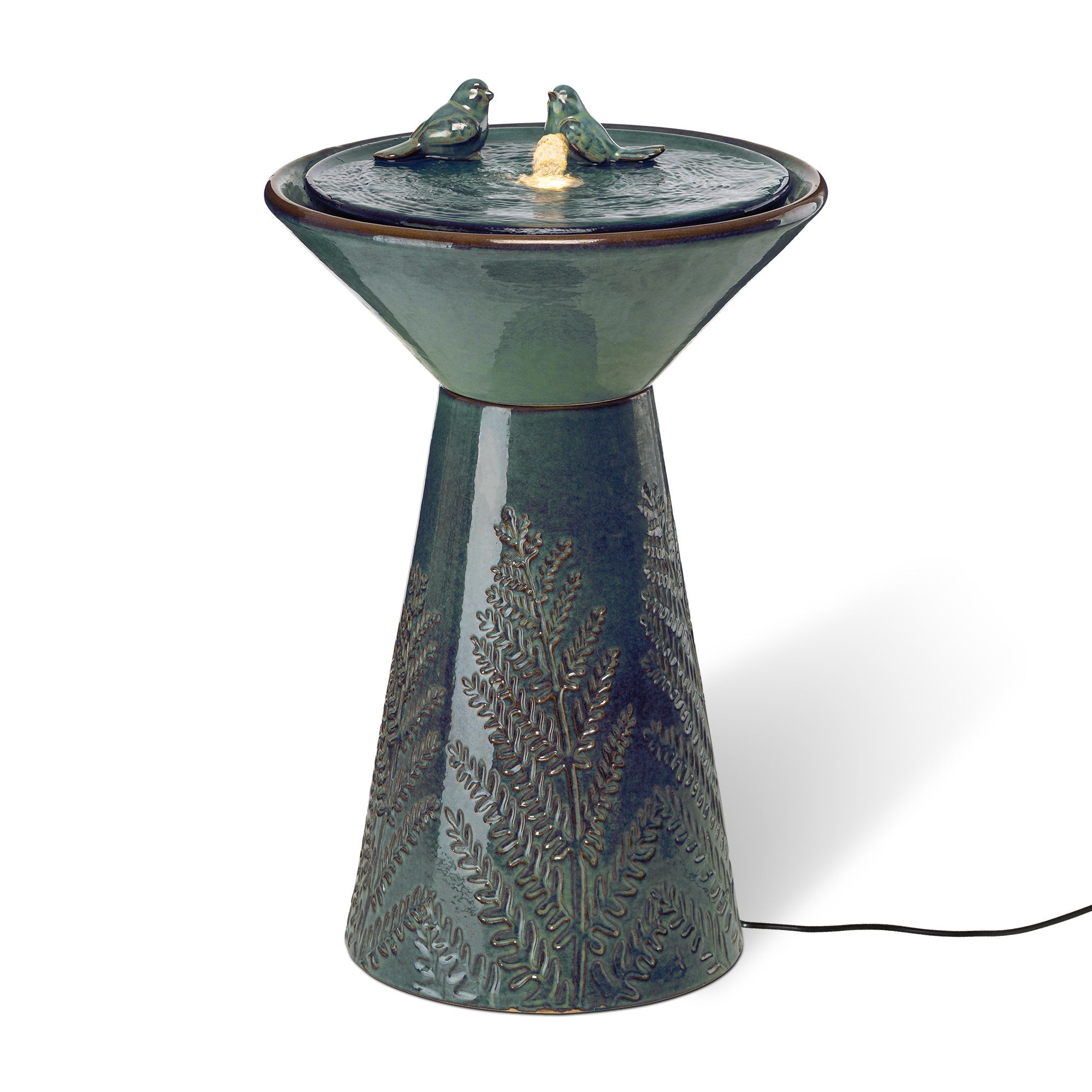  Glitzhome Turquoise Birds Embossed Plant Pattern Pedestal Ceramic Fountain with LED Light - Turquoise - Bonton