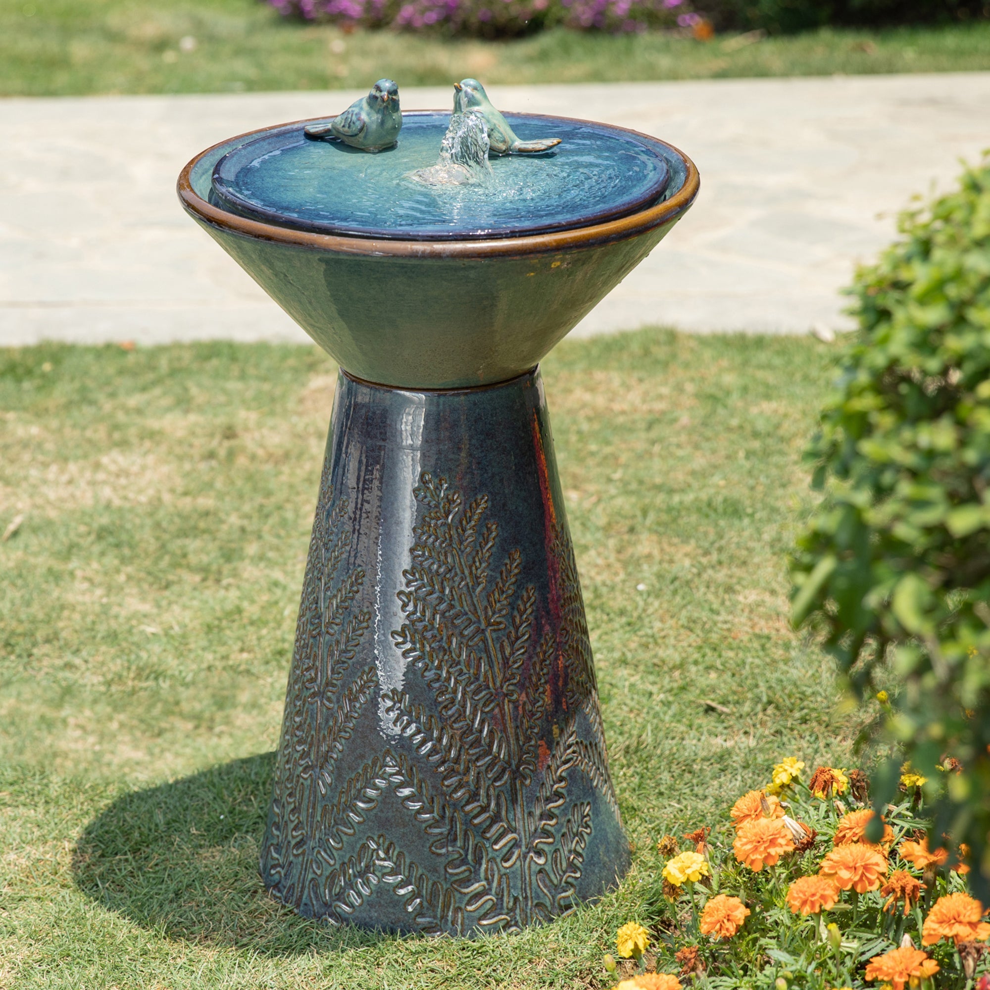  Glitzhome Turquoise Birds Embossed Plant Pattern Pedestal Ceramic Fountain with LED Light - Turquoise - Bonton