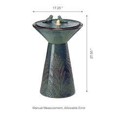 Turquoise Birds Embossed Plant Pattern Pedestal Ceramic Fountain with LED Light