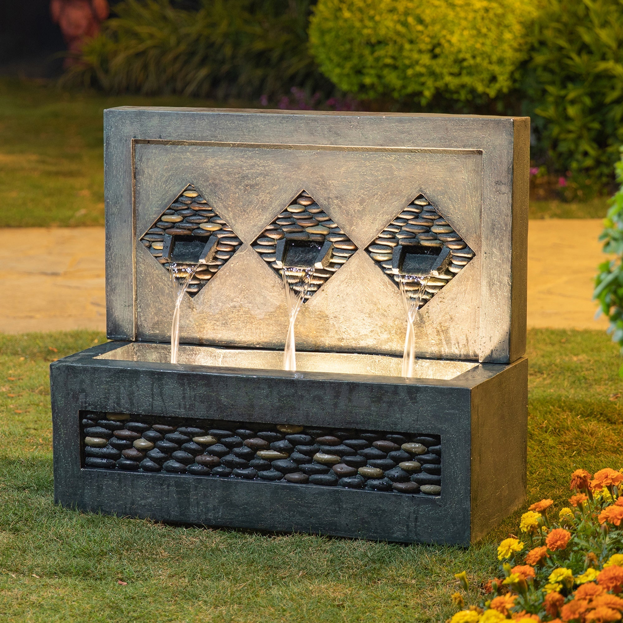  Glitzhome Oversized Faux Concrete and Pebbles Outdoor Fountain with LED Light - Gray - Bonton