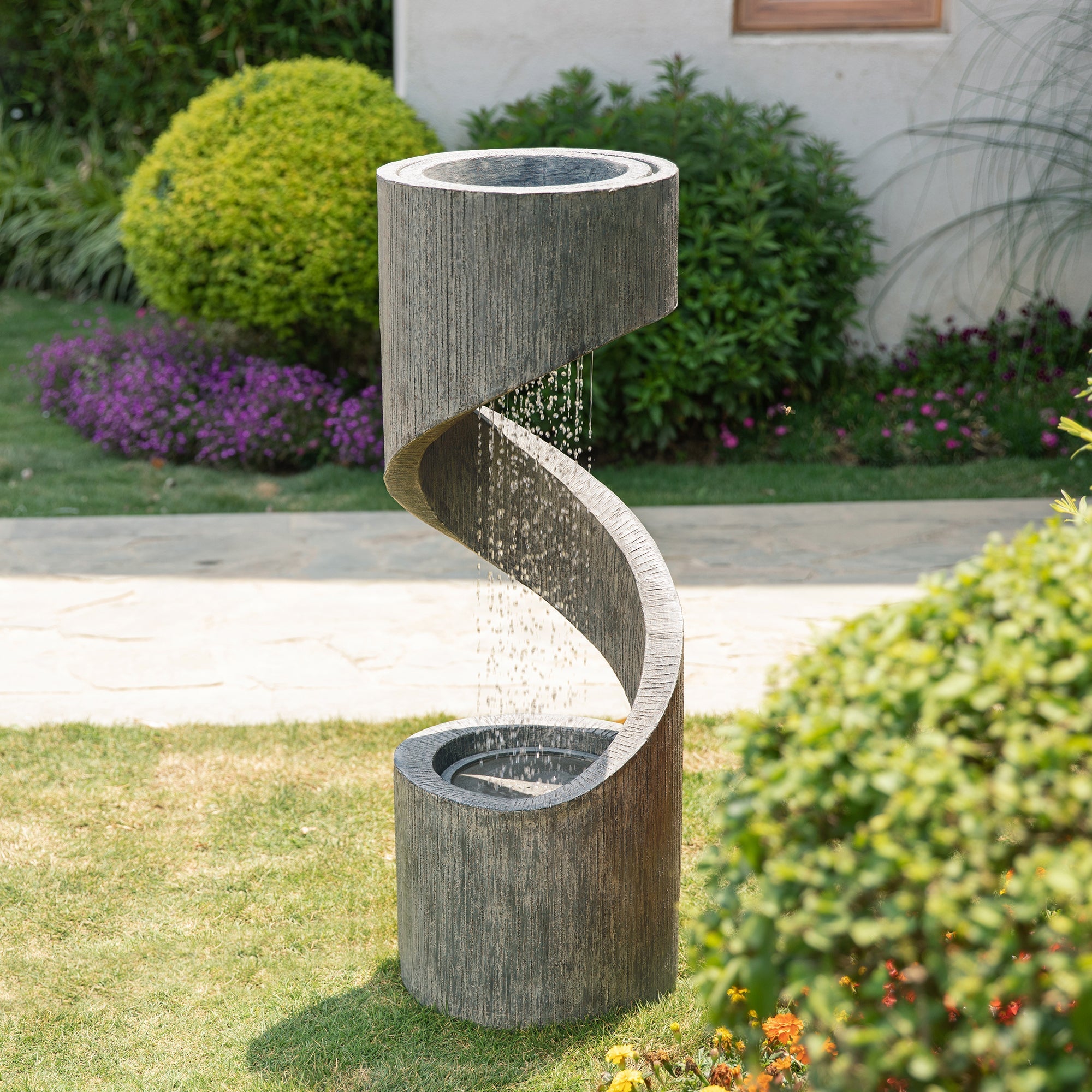  Glitzhome Oversized Curving Shaped Outdoor Fountain with LED Light - Gray - Bonton